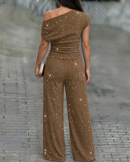 CHICMELIVE Women's Glitter 2 Piece Set One Shoulder Top Wide Leg Pants