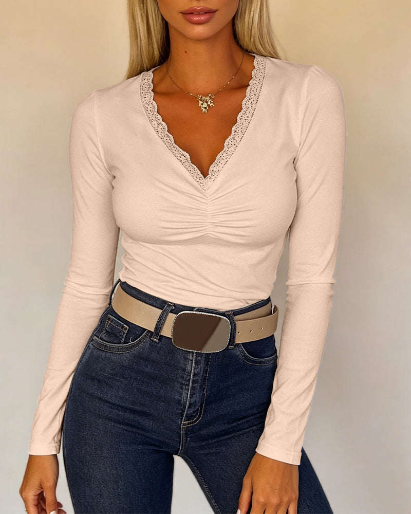 CHICMELIVE Women Lace Long Sleeve Top V Neck Fitted Shirts Fall Blouses