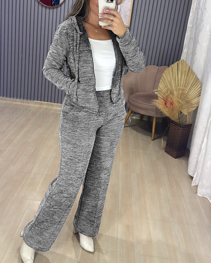 2 Pieces Outfit Long Sleeve Zip Up Drawstring Hoodie Coat and Casual Elastic Waist Seam Front Wide Leg Pants Set