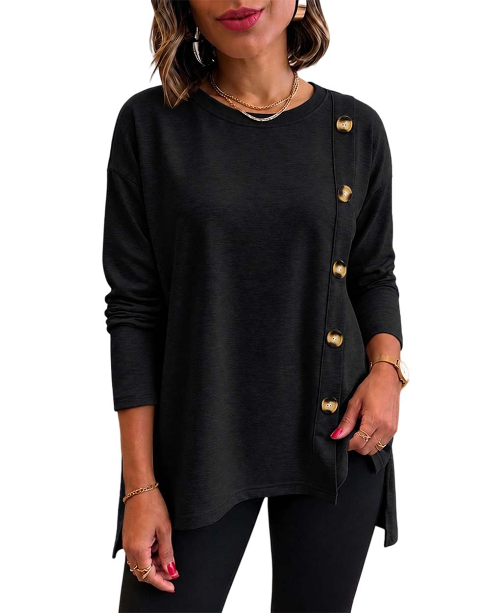 CHICMELIVE Womens Long Sleeve Tops with Buttons Dressy Casual Crewneck Shirts