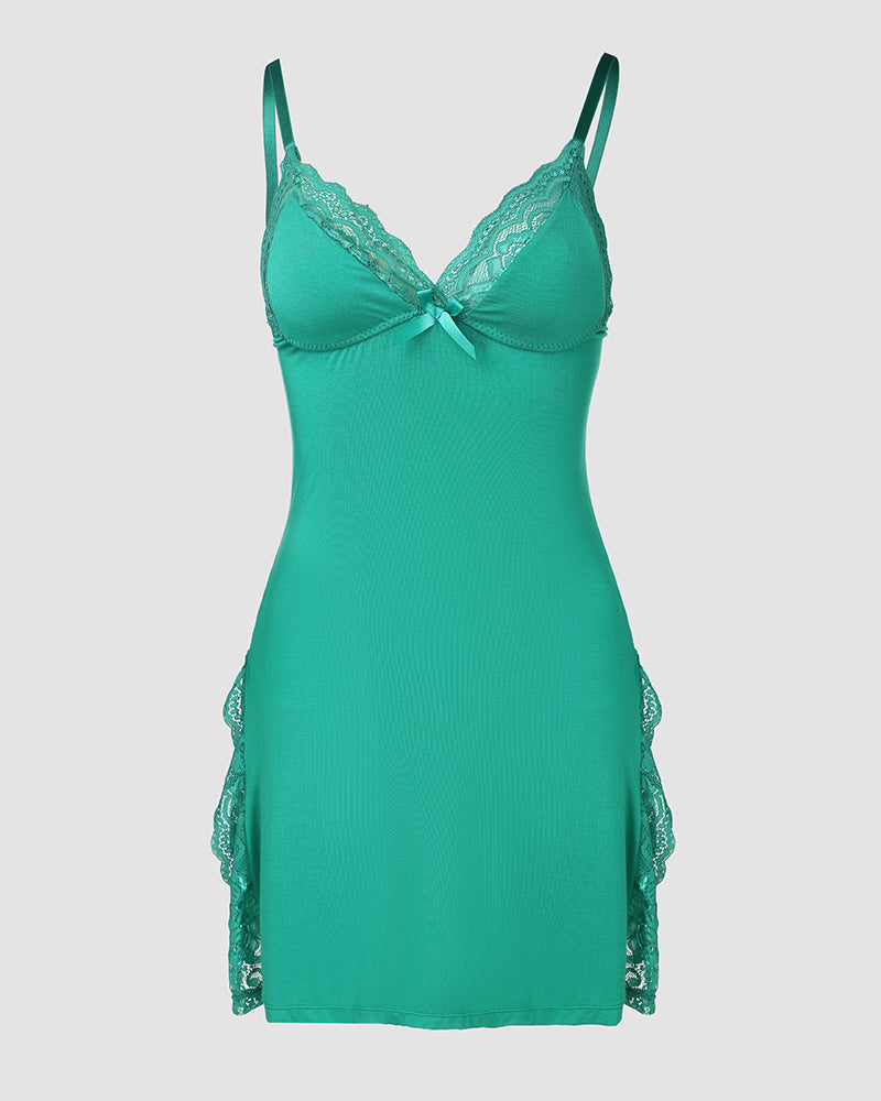 Lace Trim Adjustable straps Side Slit Bowknot Decor Modal Cami Sleep Dress