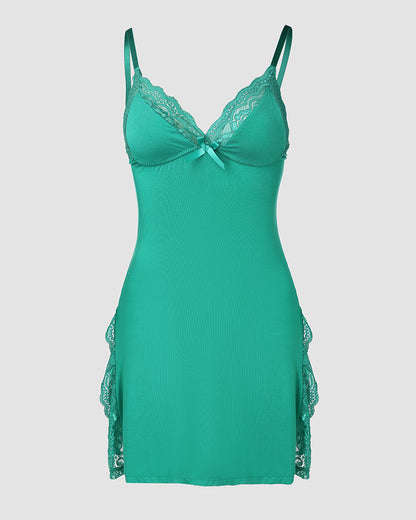 Lace Trim Adjustable straps Side Slit Bowknot Decor Modal Cami Sleep Dress