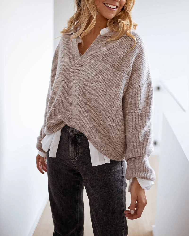 Women's Rib-Knit Polo Sweater V-Neck Collared Long Sleeve Pullover Loose Fit Drop Shoulder Top