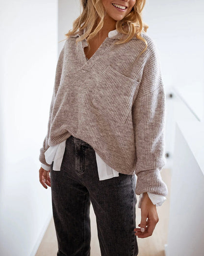 Women's Rib-Knit Polo Sweater V-Neck Collared Long Sleeve Pullover Loose Fit Drop Shoulder Top