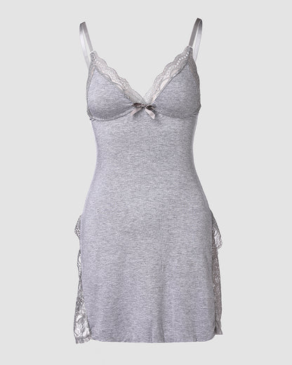 Lace Trim Adjustable straps Side Slit Bowknot Decor Modal Cami Sleep Dress