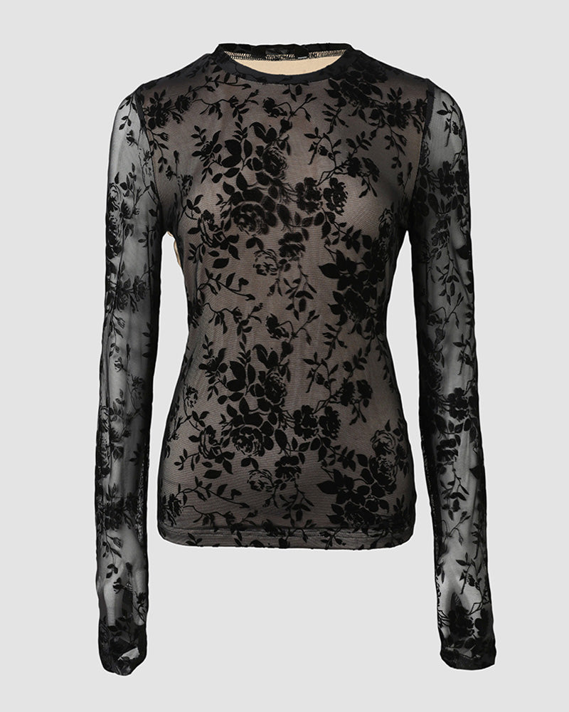 CHICME Women's Flocked Floral Sheer Mesh Long Sleeve Top with Lined