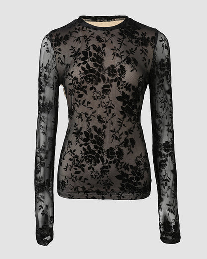 CHICME Women's Flocked Floral Sheer Mesh Long Sleeve Top with Lined