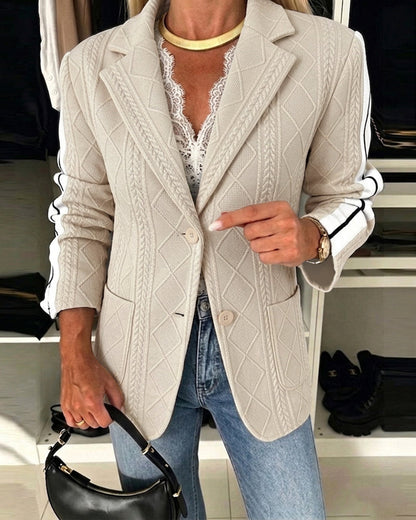 Women's Casual Knit Blazer Argyle Cable Jacquard Contrast Side Striped Coat Loose Fit Single Breasted Blazer