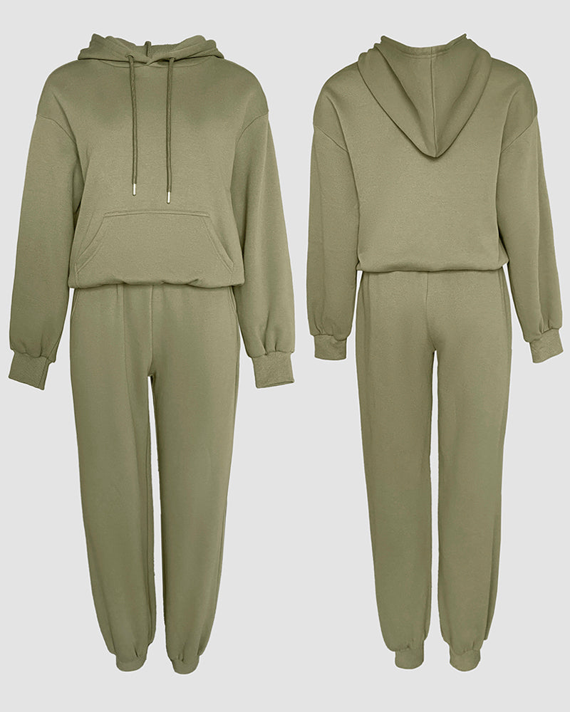 2 Pieces Outfit Kangaroo Pocket Thermal Lined Drawstring Hoodie Sweatshirt and Casual Elastic Waist Cinched Ribbed Cuffs Sporty Sweatpants Set
