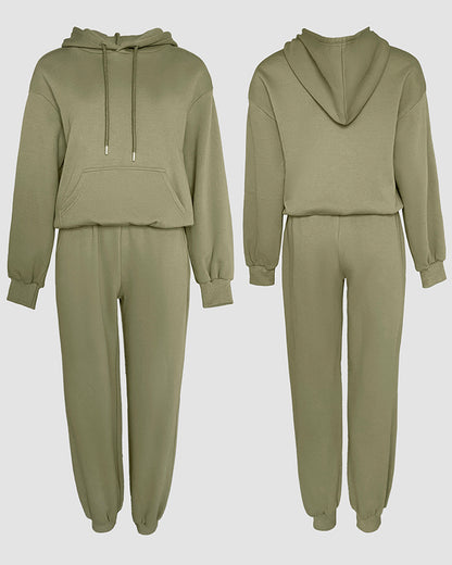 2 Pieces Outfit Kangaroo Pocket Thermal Lined Drawstring Hoodie Sweatshirt and Casual Elastic Waist Cinched Ribbed Cuffs Sporty Sweatpants Set