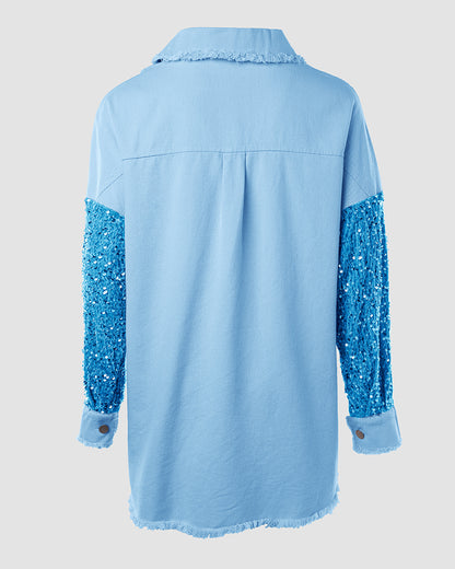 Casual Jacket Sequin Patchwork Long Sleeve Jacket Top Button Front Raw Hem Oversized Denim Shacket