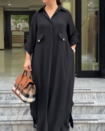 2 Pieces Outfit Turn-down Collar Turn-Up Sleeves Button Front Asymmetrical Hem Longline Blouse and Casual Elastic Waist Wide Leg Pants Set