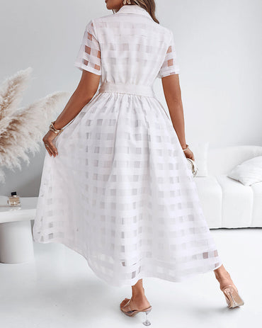 Women's Sheer Plaid Maxi Dress Short Sleeve Double Layer Swing Vacation Dress Elegant Flowy A Line Dress with Belt