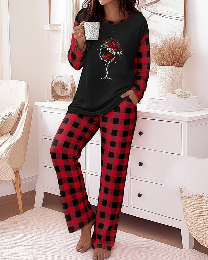 2 Pieces Outfit Rhinestone Christmas Santa Hat & Wine Glass Graphic Plaid Print Spliced Colorblock Long Sleeve Top and Plaid Print Elastic Waist Pants Set Casual Pajamas Set