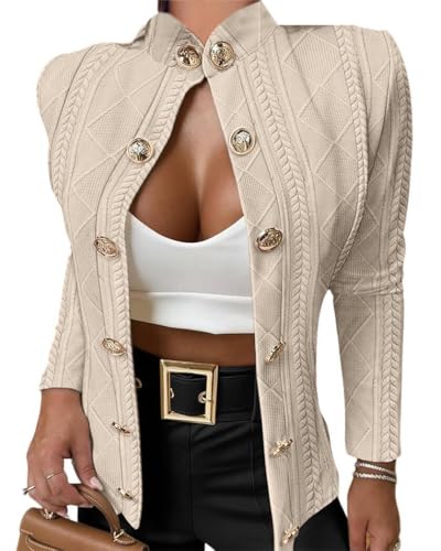 CHICMELIVE Women's Argyle Cable Knit Cropped Jacket Casual Stand Collar Coat