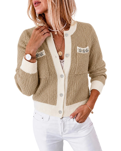 CHICMELIVE Women Contrast Trim Knit Cardigan Elegant Button Front Sweater