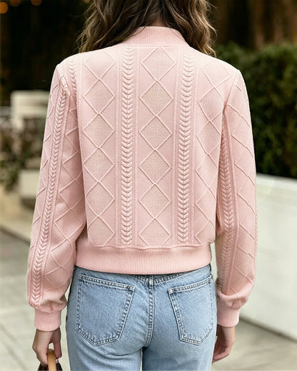 Women's Vintage Argyle Cable Knit Bomber Jacket Elegant Baseball Collar Button Down Cropped Coat with Flap Pockets