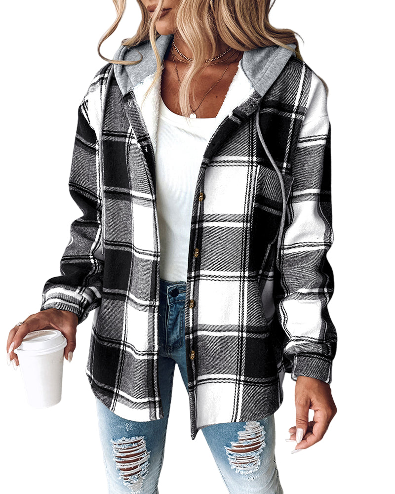 CHICMELIVE Womens Casual Jacket Plaid Hooded Fleece Lined Shacket