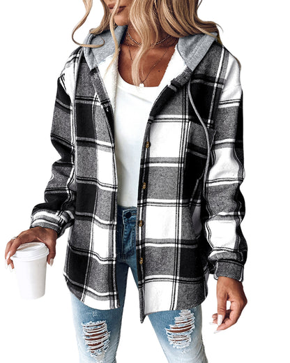 CHICMELIVE Womens Casual Jacket Plaid Hooded Fleece Lined Shacket