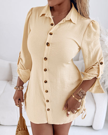 Button Down Shirt Dress Roll Tab Sleeve Side Drawstring Mini Dresses