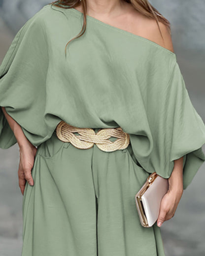 Skew Neck Lantern Sleeve Loose Top & Zipper Fly Wide Leg Pants Set without Belt