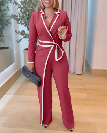 Contrast Paneled Notched Collar Padded shoulders Work Jumpsuit Casual Zipper Back Wrap Front Jumpsuit