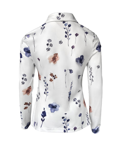 Floral Print Turn-down Collar Long Sleeve Metal Button Front Blouse Ruched Slim Fit Top
