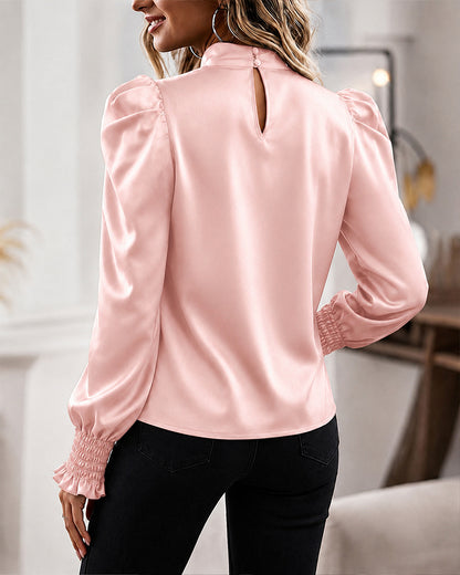 Women's Satin Blouse Mock Neck Puff Sleeve Shirt Back Tie Bow Elegant Ruched Shirt Shirred Frill Cuff Work Top
