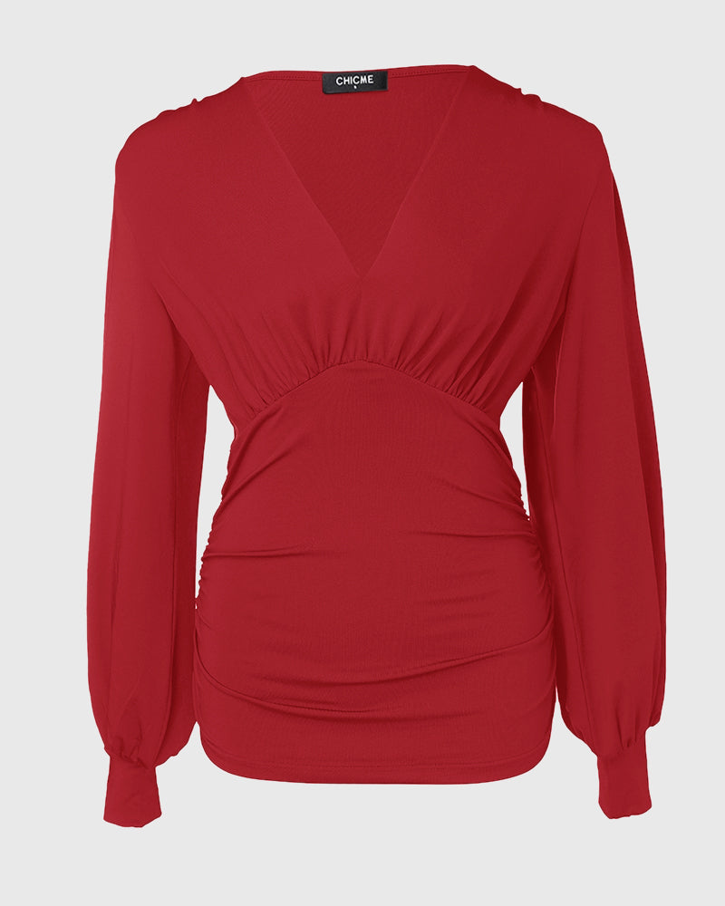 Deep V-Neck Lantern Sleeve Ruched Blouse Casual Slim Fit Top