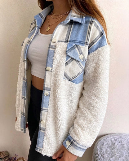 CHICMELIVE Women's Fleece Jacket Plaid Patchwork Sherpa Shacket