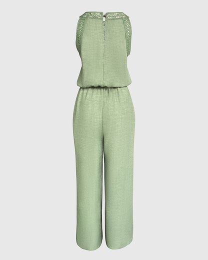 Women's Halter Jumpsuit Lace Trim Backless Overalls Tied Detail Wide Leg Jumpsuit with Pockets