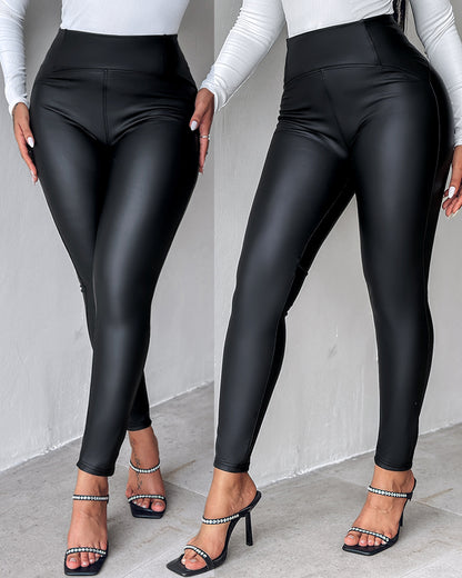 ChicMe CurveEase PU Leather Leggings High Waist Curved Fleece Lined Tights Casual Pants