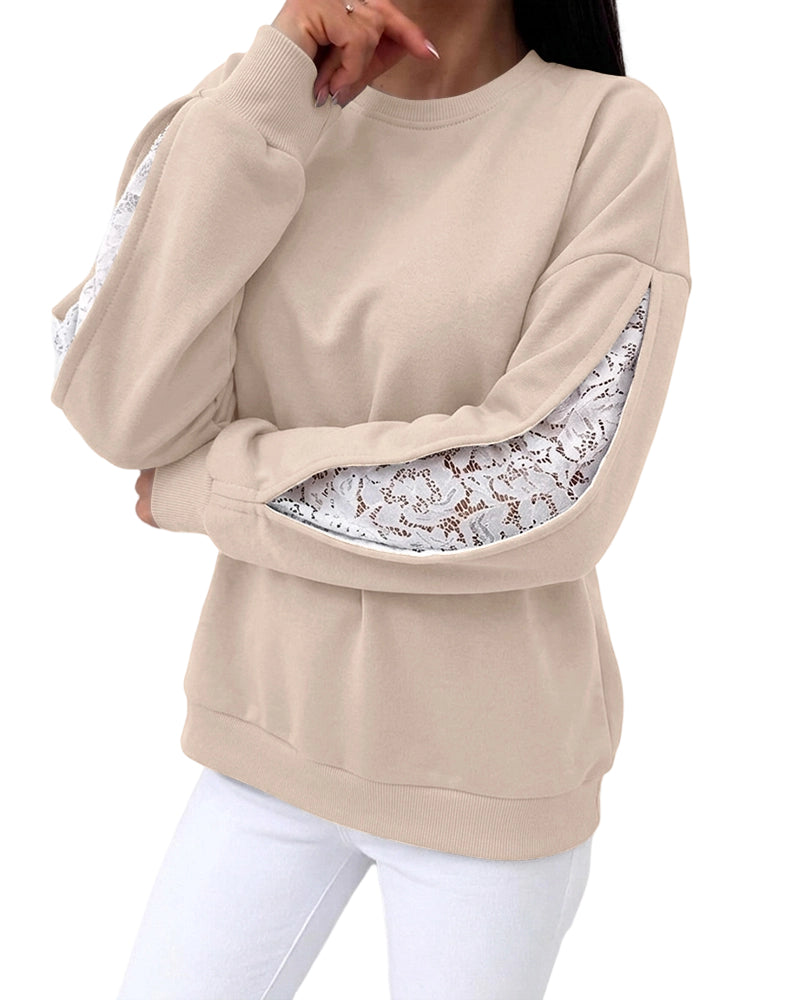 CHICMELIVE Oversized Sweatshirt for Women Lace Sleeve Cutout Fall Pullover