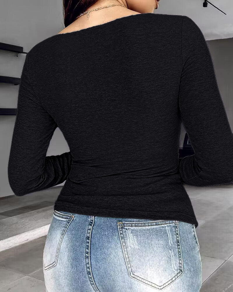 ChicMe Built-in Bra Notch Neck Long Sleeve Shirts Rib-Knit Ruched Waist Top