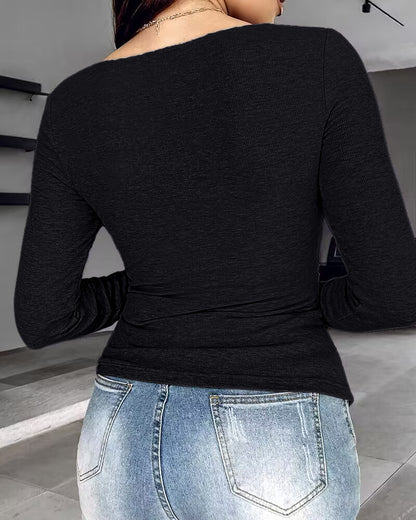 ChicMe Built-in Bra Notch Neck Long Sleeve Shirts Rib-Knit Ruched Waist Top