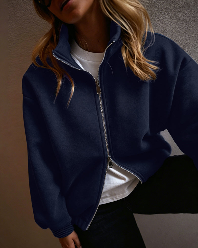 Women's Two-Way Zipper Front Stretchy Hem Coat Stand Collar Drop Shoulder Sweatshirt with Pockets