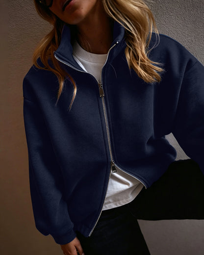 Women's Two-Way Zipper Front Stretchy Hem Coat Stand Collar Drop Shoulder Sweatshirt with Pockets