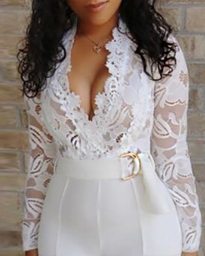 Crochet Lace Trim Deep V-Neck Floral Lace Spliced Ovearalls Casual Zipper Back Seam Front Jumpsuit with Belt