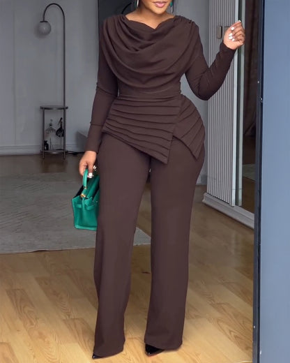 Cowl Neck Asymmetrical Textured Patchwork Cinched Waist Jumpsuit Casual Zipper Back Wide Leg Jumpsuit