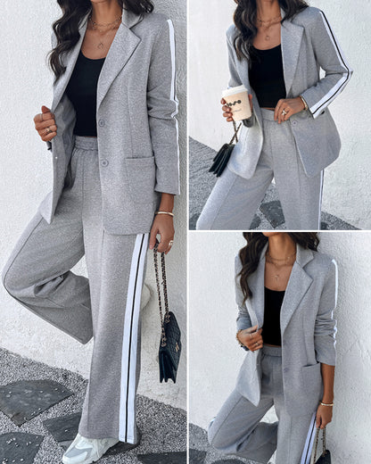 2 Pieces Outfit Notched Collar Single Breasted Pockets Design Coat and Elastic Waist Seam Front Wide Leg Pants Set Casual Contrast Side Striped Blazer Set