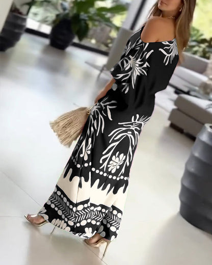 2 Pieces Outfit Skew Neck Lantern Sleeve Loose Fit Top and High Waist Elastic Waist Fishtail Maxi Skirt Set Casual Tropical Print Vacation Set