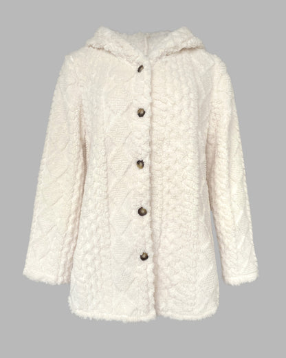 Argyle Textured Button Down Side Slit Long Sleeve Fleece Teddy Coat Hooded Jacket Warm Outwear