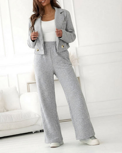 CHICME Women's 2-Piece Set Casual Cropped Blazer and High Waist Wide Leg Pants Set Relaxed Fit Suit Outfits