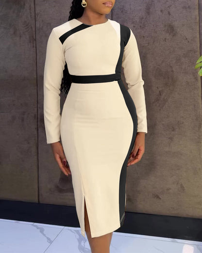 Women's Contrast Binding Midi Dress Long Sleeve Office Pencil Dress Slim Fit Side Slit Dress