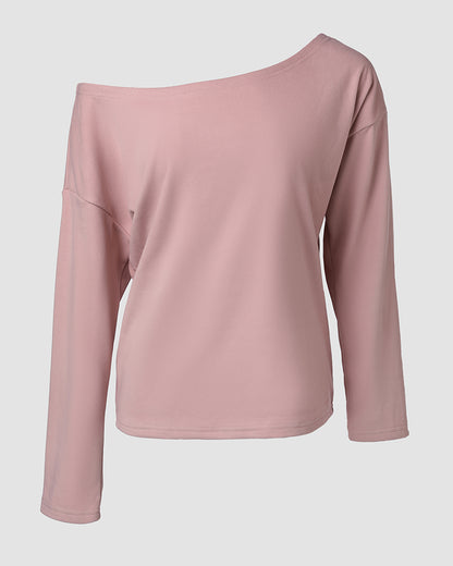 2 Pieces Outfit Long Sleeve Skew Neck Pullover Top and Drawstring Elastic Waist Slim Fit Pants Set