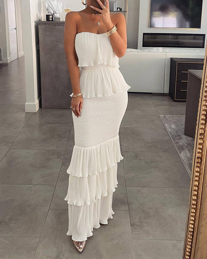 Layered Ruffle Shirred Slim Fit Strapless Dress Textured Maxi Party Dress