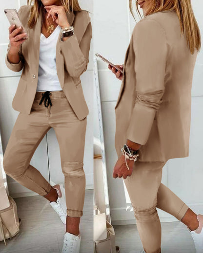 2 Pieces Outfit Shawl Collar Single Breasted Pockets Design Blazer Coat and Drawstring Elastic Waist Slim Fit Pants Set
