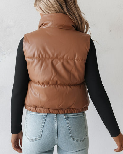 PU Leather High Neck Zip Up Double Snap Buttons Front Vest Casual Stretchy Hem Crop Padded Coat
