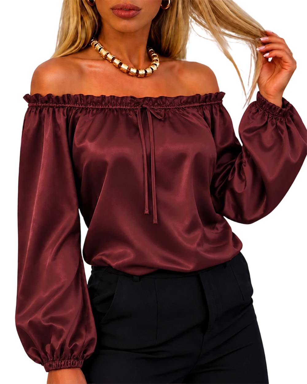 CHICMELIVE Off Shoulder Satin Tops Women Ruffle Tie Front Blouse