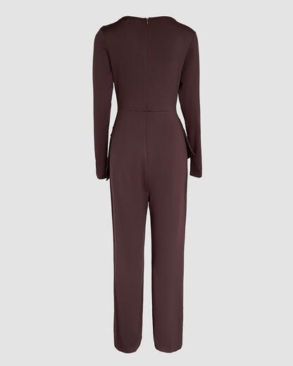Cowl Neck Asymmetrical Textured Patchwork Cinched Waist Jumpsuit Casual Zipper Back Wide Leg Jumpsuit